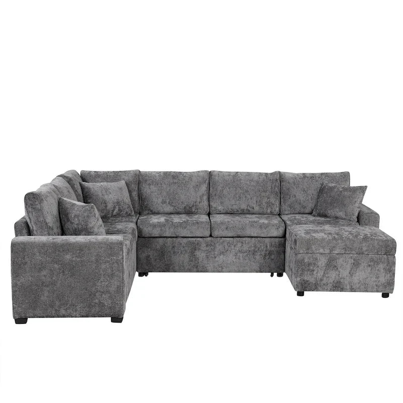 Canapé d'angle en chenille convertible, canapé-lit en forme de L avec pouf de rangement, 3 oreillers et dispositifs de charge