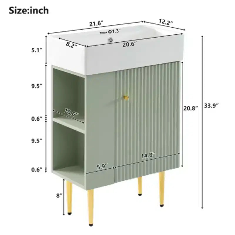 Meuble-lavabo de salle de bain blanc de 21,6 po, ensemble avec meuble de rangement, vasque en céramique simple, rangement à gauche