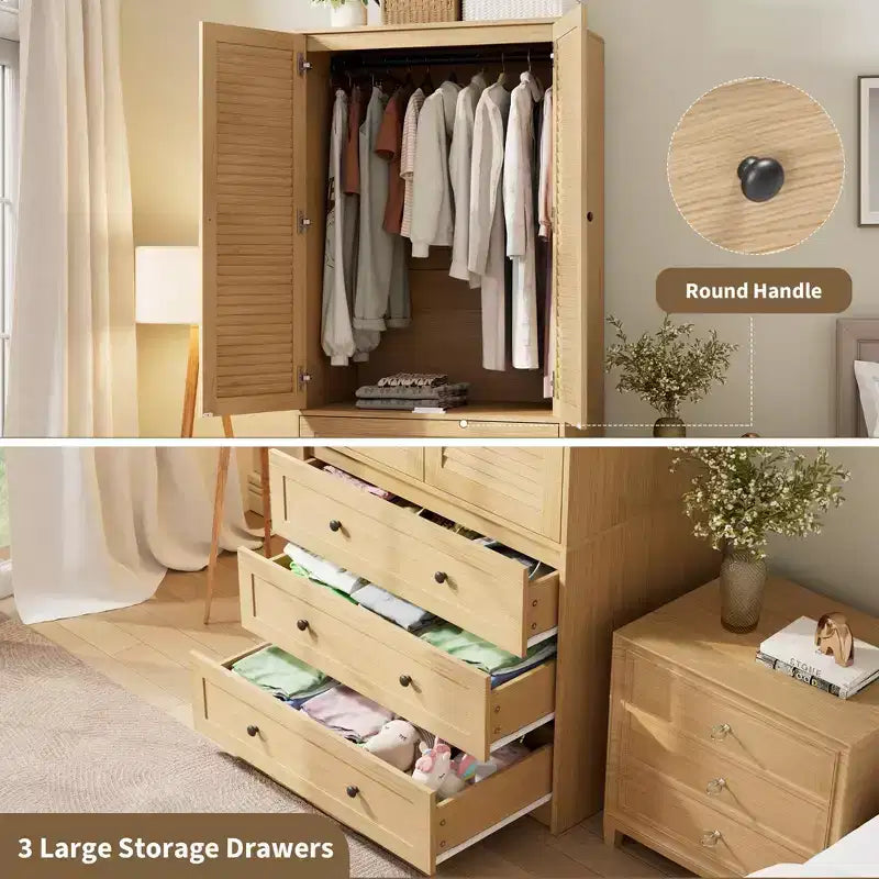 COZONY Armoire penderie avec 3 tiroirs et 2 portes, Placard de rangement moderne en bois pour chambre à coucher, Armoire sur pied blanche robuste