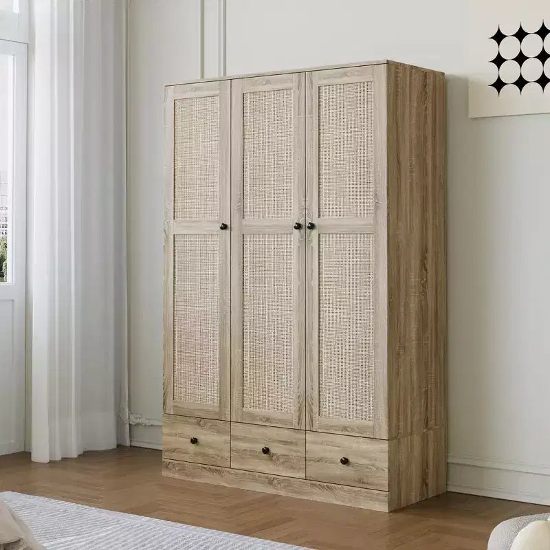 Armoire en rotin Famapy à 3 tiroirs, placard à 3 portes en rotin respirant, armoire de rangement haute de style ferme pour chambre à coucher