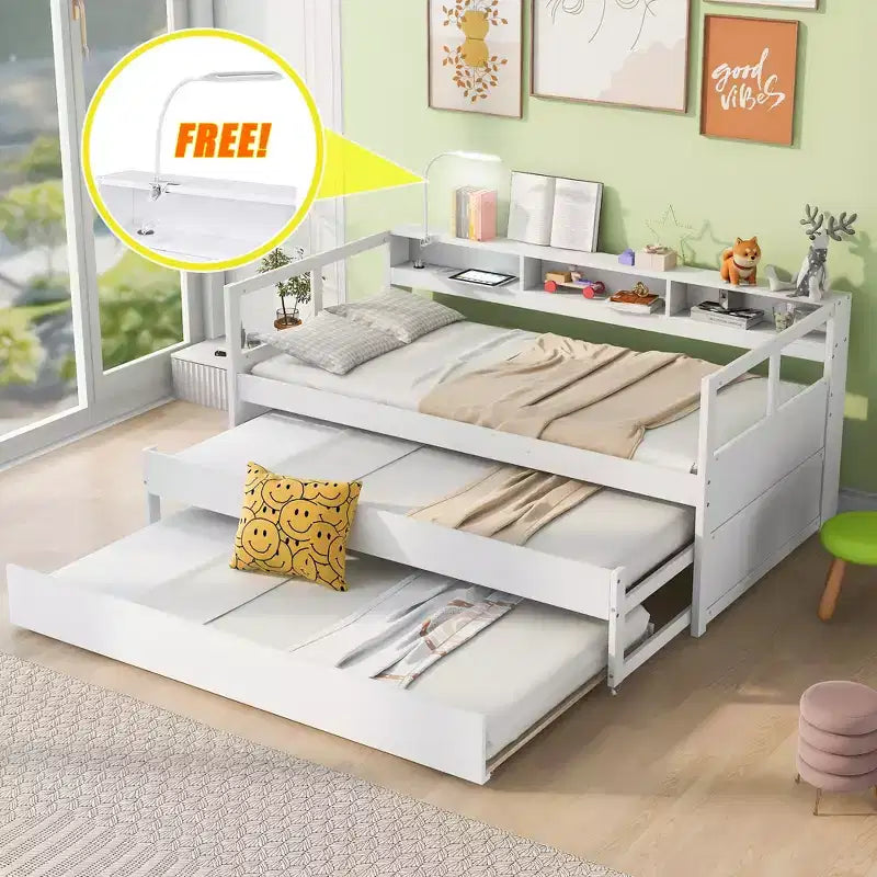 Lit de repos double XL Whisen en bois avec 2 lits gigognes, 3 compartiments de rangement, 1 lampe gratuite et port de chargement USB