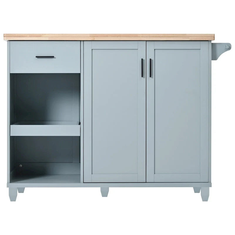 Îlot de cuisine avec plan de travail pliable, desserte de rangement de cuisine avec étagère coulissante, porte-serviettes et tiroir, roulettes.