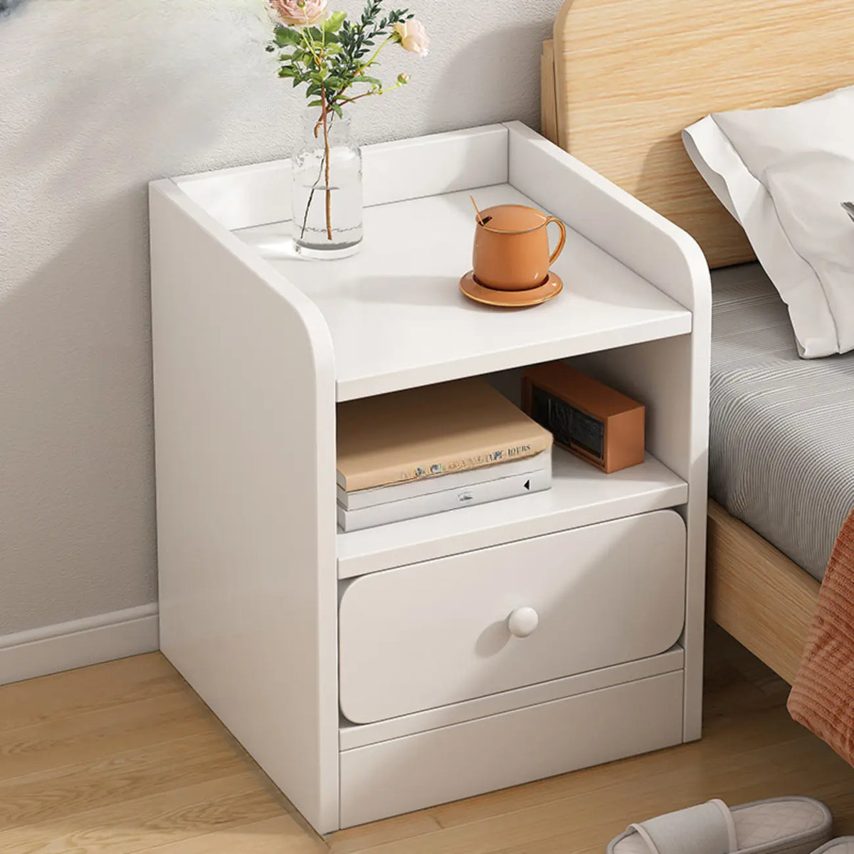 Table de chevet simple en bois naturel blanc à 2 tiroirs