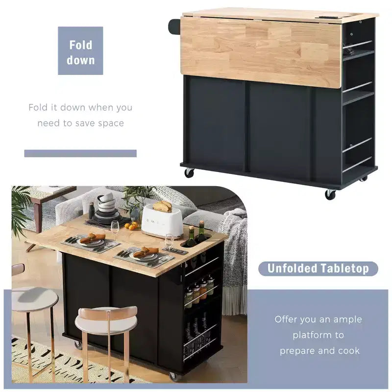 Îlot de cuisine mobile avec prise de courant, abattant et plateau en bois d'hévéa