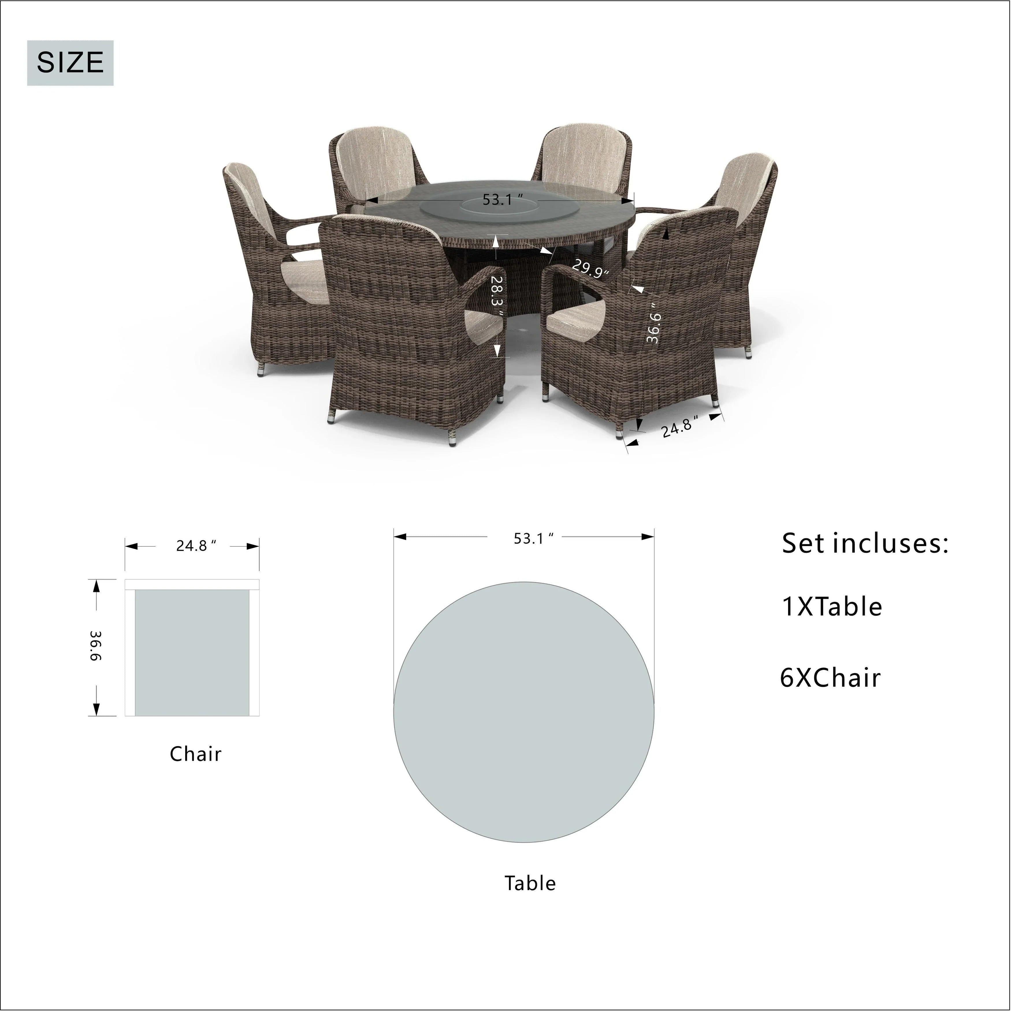 Ensemble de salle à manger rond 7 pièces en rotin tressé d'extérieur avec coussins par Moda Furnishings