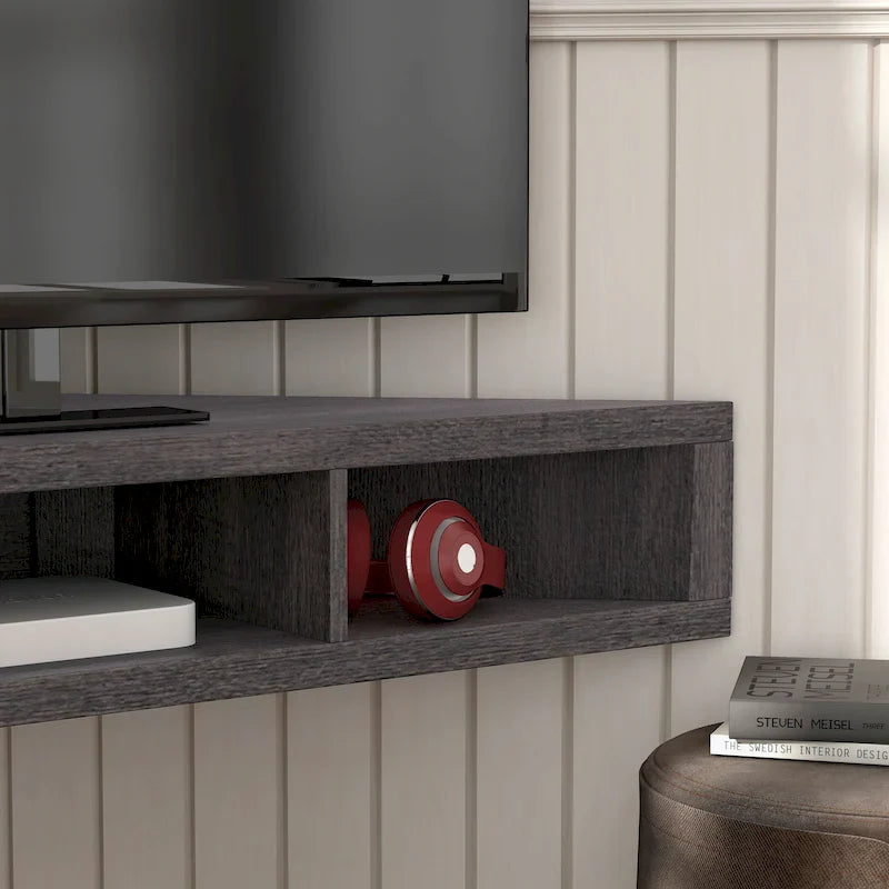 Meuble TV d'angle flottant de 119 cm, 3 étagères, style transitionnel, fixation murale gain de place
