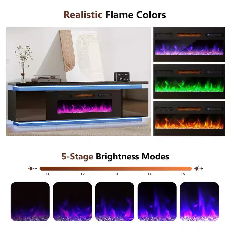 Meuble TV Skyzoo avec foyer électrique intégré, pour téléviseurs jusqu'à 80 pouces, avec lumières LED et 4 prises CA, console TV pour salon