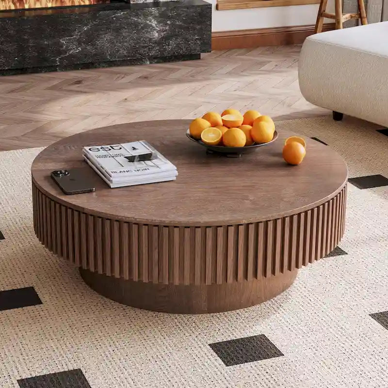 Table basse/de salon ronde moderne plaquée en bois massif avec rangement