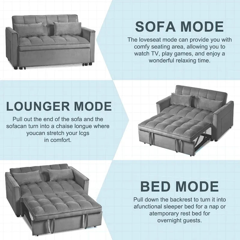 Causeuse futon moderne en velours avec dossier inclinable et poches, 2 places ??Gris foncé / Gris clair / Bleu / Noir