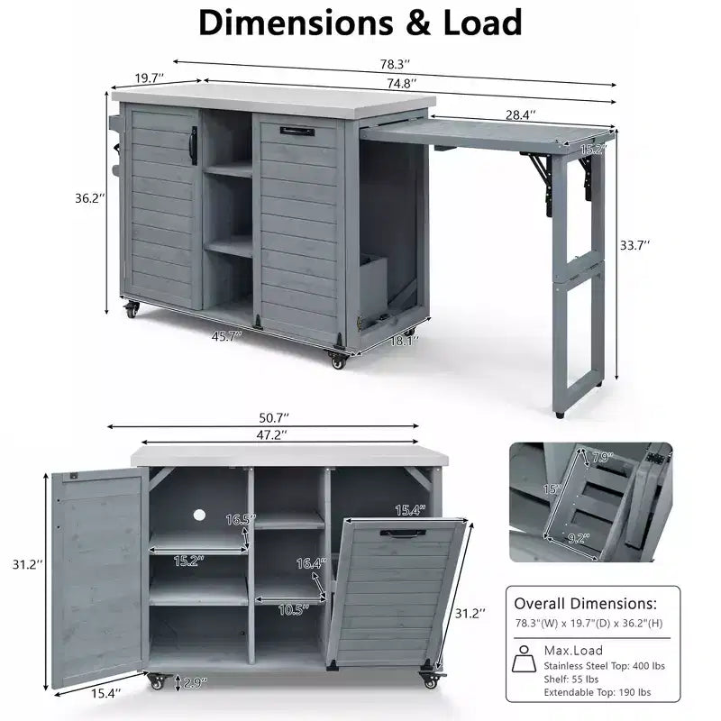 Îlot de cuisine d'extérieur FAMYYT de 198,9 cm avec comptoir en acier inoxydable, station de barbecue pliable et armoires de rangement, Bleu Gris