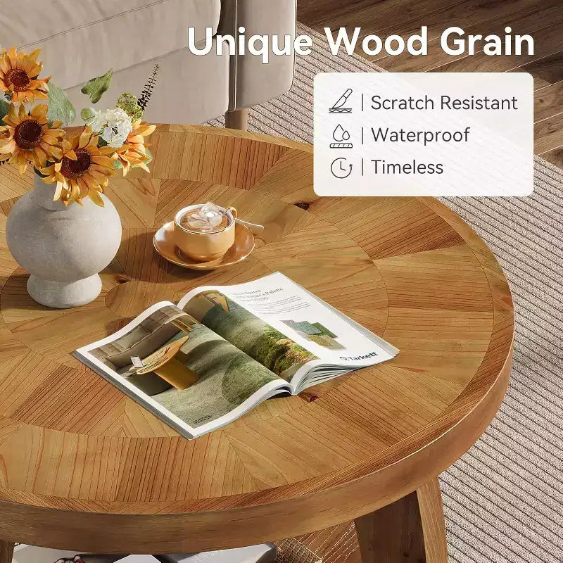 Table basse ronde en bois massif Lantine, table centrale à 2 niveaux avec rangement, plateau de 80 cm avec motif mosaïque, assemblage facile, pour salon, marron