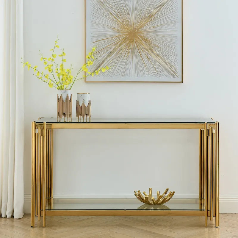 Console étroite à 2 niveaux avec structure en métal doré et plateau en verre trempé