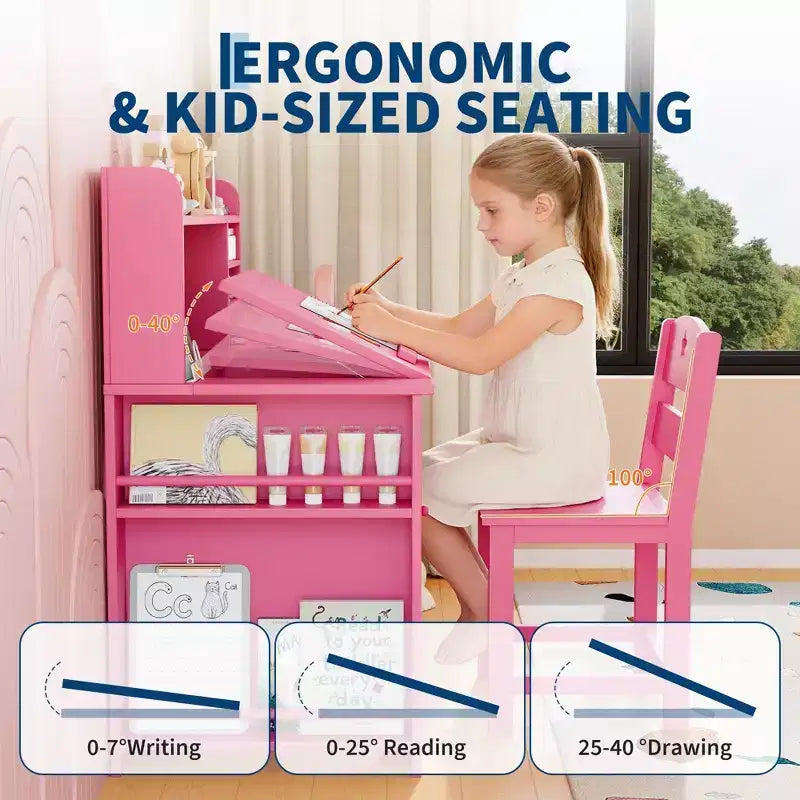 Bureau et chaise d'étude pour enfants avec rangement, bureau d'étude pour enfants avec étagère supérieure et inclinable, pour les 3-8 ans, table d'écriture pour chambre d'enfant