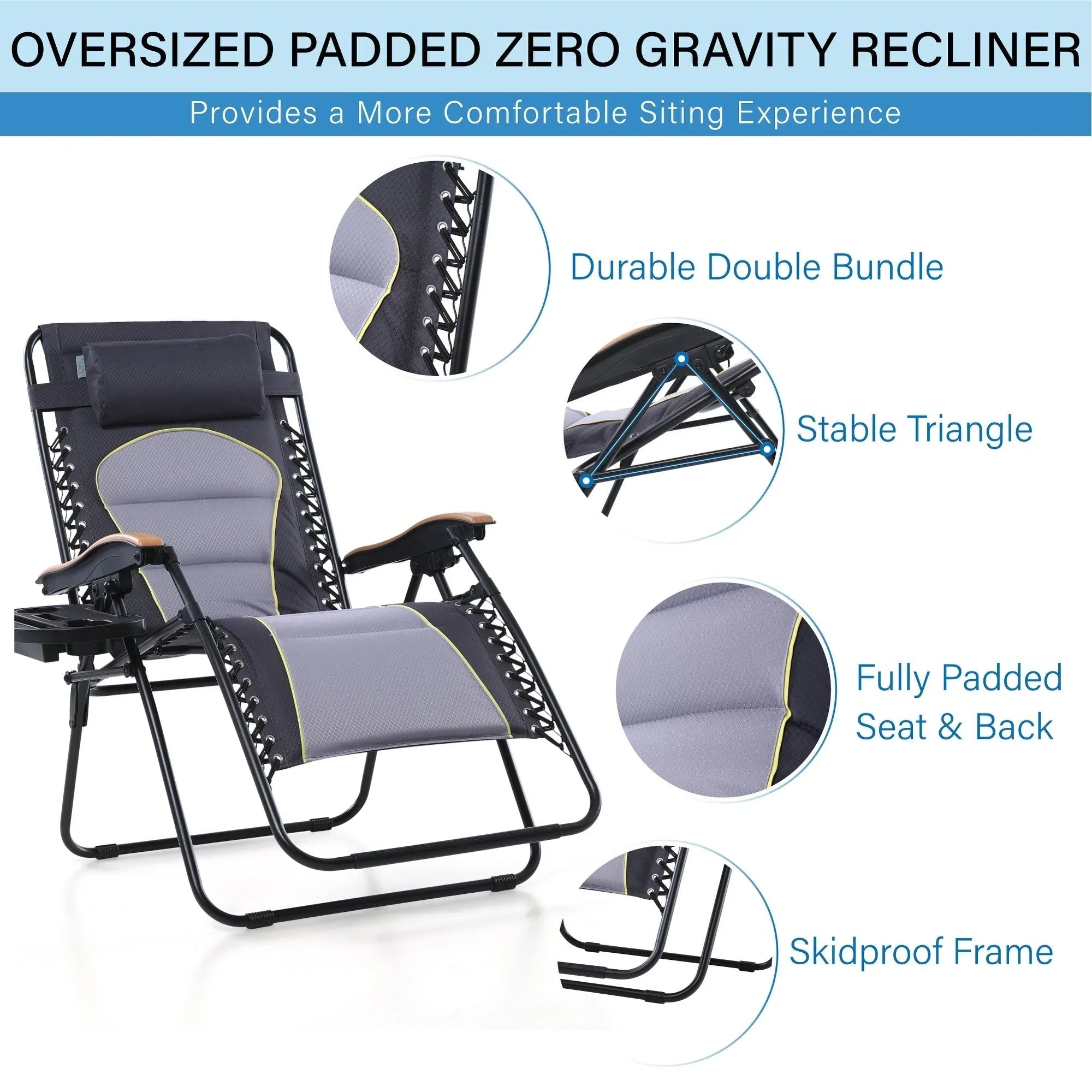 Fauteuil de relaxation zéro gravité XL surdimensionné rembourré avec accoudoirs plus larges et porte-gobelet réglable - N/A