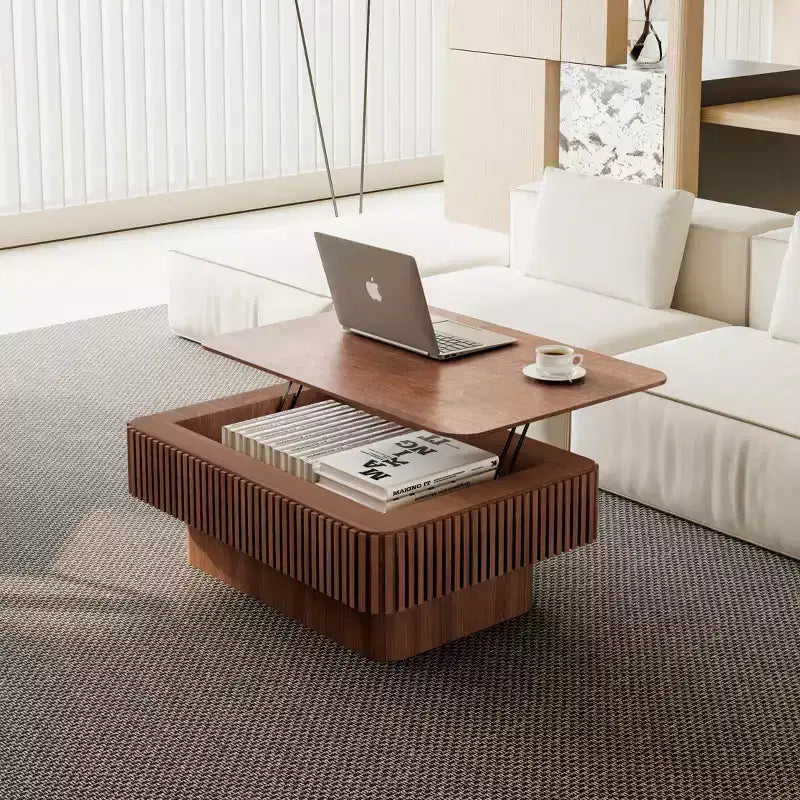 JVNOXK Table basse à plateau relevable cannelé de 98 cm avec rangement, placage bois massif, hauteur réglable, table d'appoint moderne pour salon, chambre, noyer