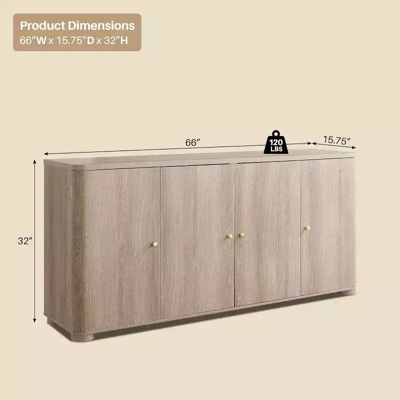 Buffet de cuisine avec 4 portes et étagères, grand buffet de rangement moderne, buffet de rangement de 66 po pour bar à café