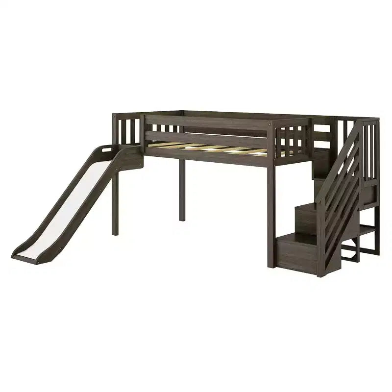 Lit bas mezzanine simple pour enfants avec toboggan et escalier, bois massif, 14 barrières de sécurité, capacité de 180 kg