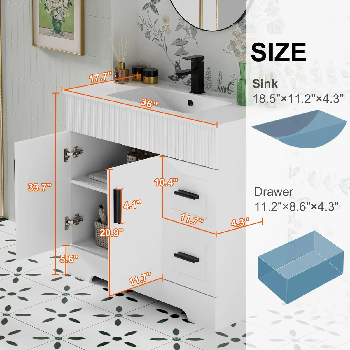Meuble-lavabo de salle de bain Wavy Line 30/36/48 avec évier et robinet