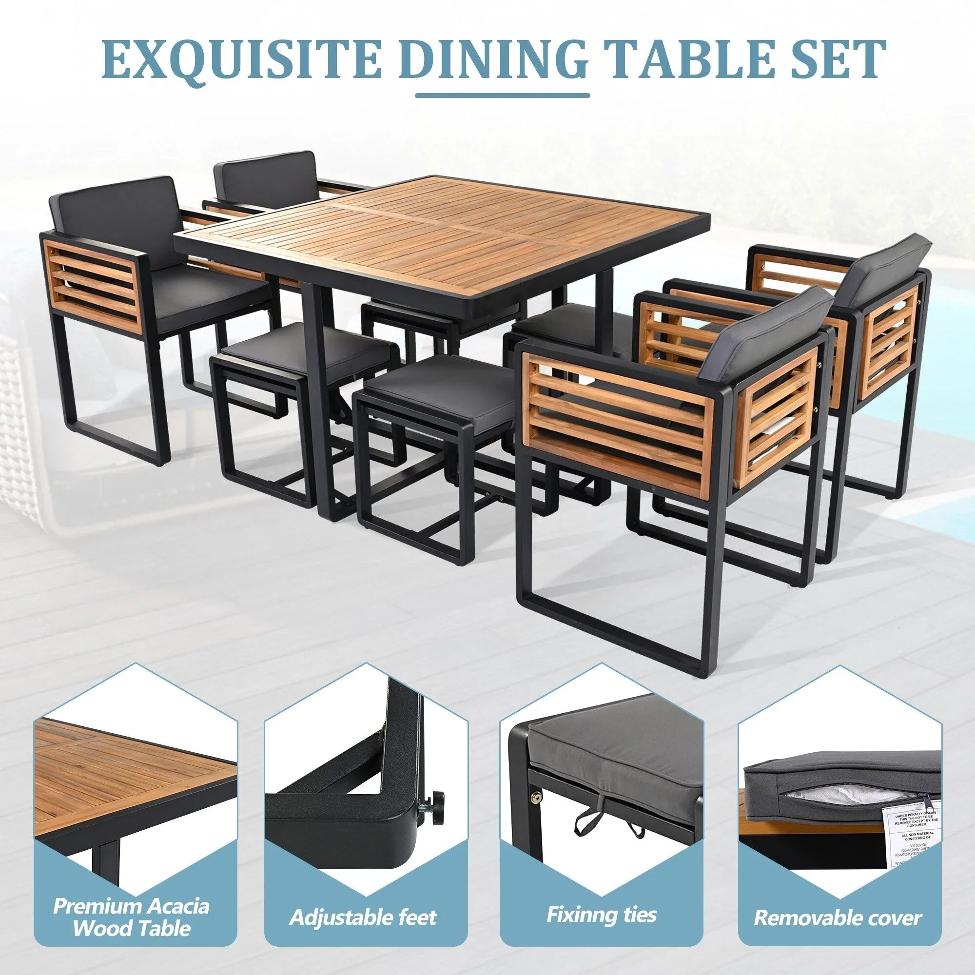 Ensemble de salle à manger d'extérieur 18 pièces en bois d'acacia, 8 chaises rembourrées, 8 poufs et 2 tables carrées