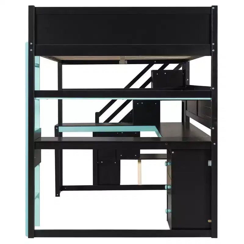 Lit mezzanine GDFStudio Scott en bois avec escalier de rangement, bureau, étagères et panneau perforé