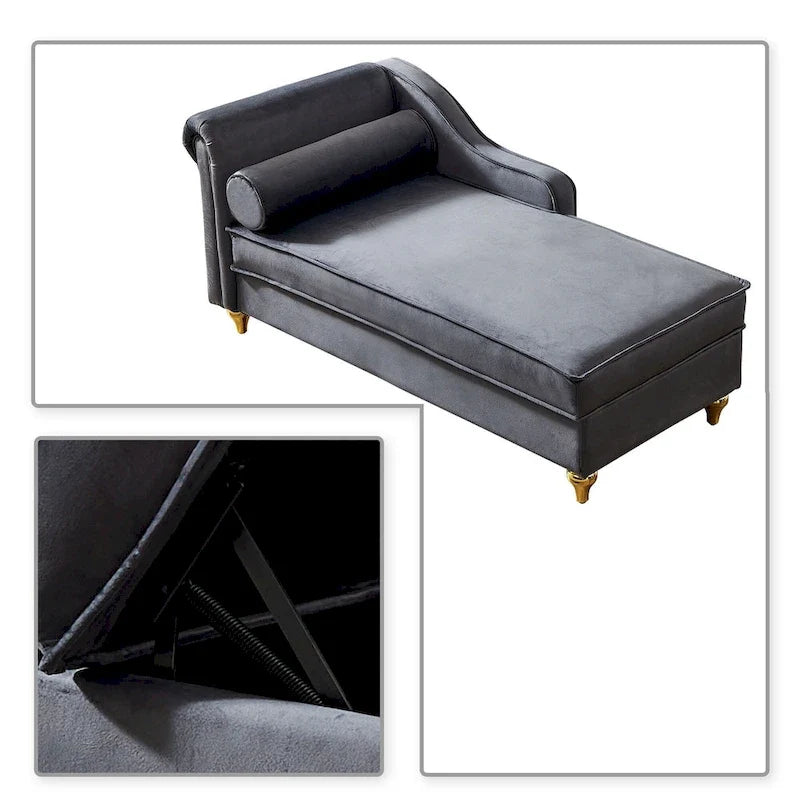 Chaise longue de rangement française élégante en velours avec un oreiller