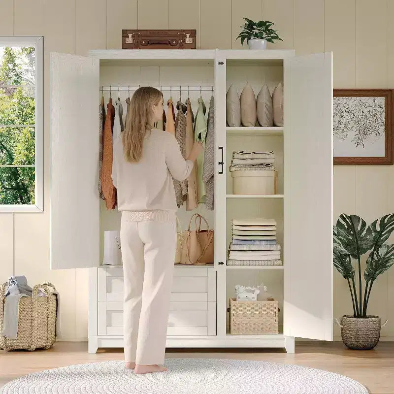 AMERLIFE Armoire de garde-robe de ferme 47 avec 3 portes, 2 tiroirs, tringle à vêtements et étagères réglables, organisateur de placard autoportant