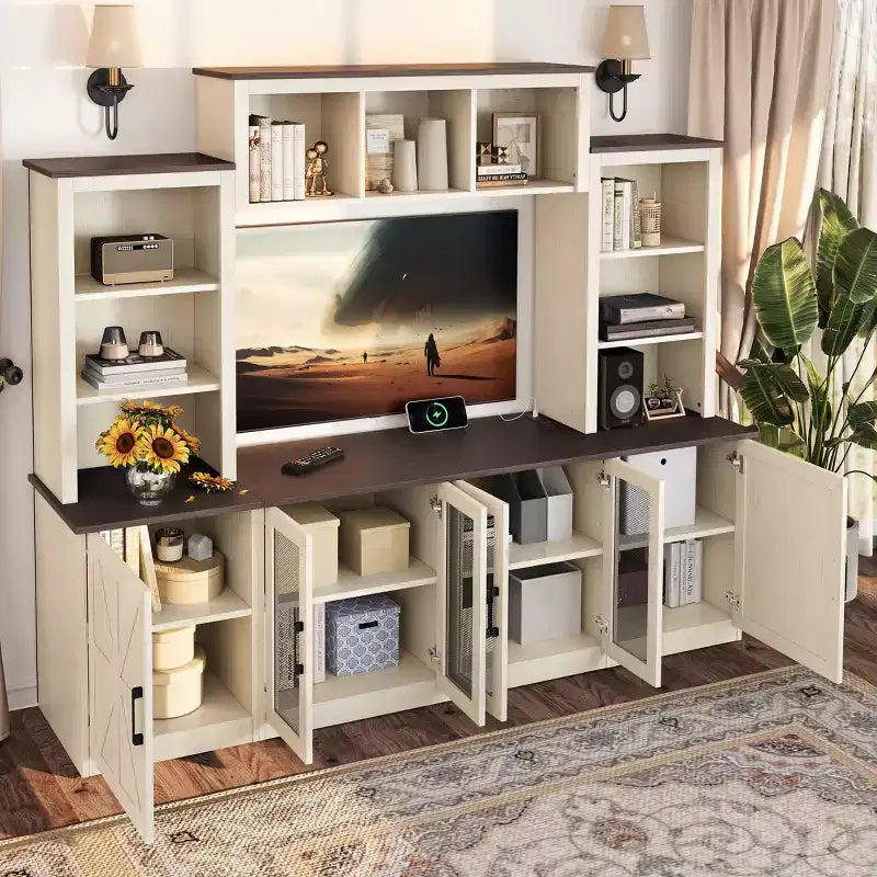 Meuble TV Moderne pour Téléviseur de 55 Pouces avec Station de Chargement, Console Multimédia avec Grands Placards de Rangement, Meuble TV pour Salon-Panipeachy