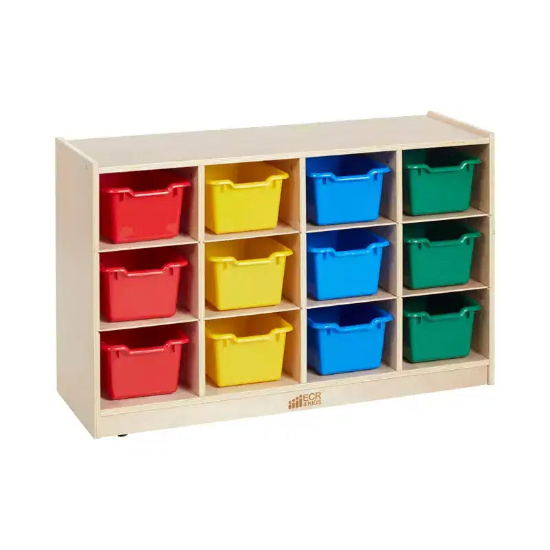 Meuble de rangement à roulettes Cubby avec 15 bacs à ouverture frontale, 3x4, Meuble pour enfants