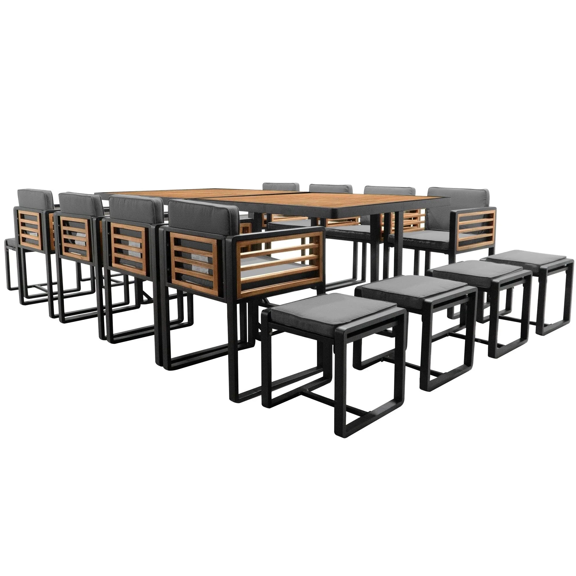 Ensemble de salle à manger d'extérieur 18 pièces en bois d'acacia, 8 chaises rembourrées, 8 poufs et 2 tables carrées