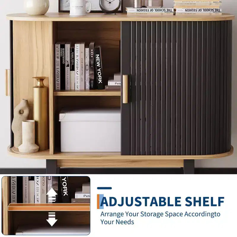Bahut cannelé de 101,6 cm, Armoire de rangement avec porte coulissante et étagère réglable, Desserte de rangement moderne, Table console de bar à rideaux