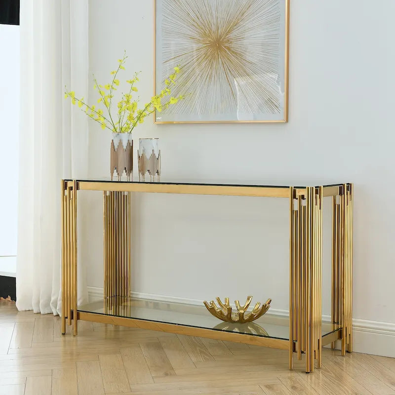 Console étroite à 2 niveaux avec structure en métal doré et plateau en verre trempé