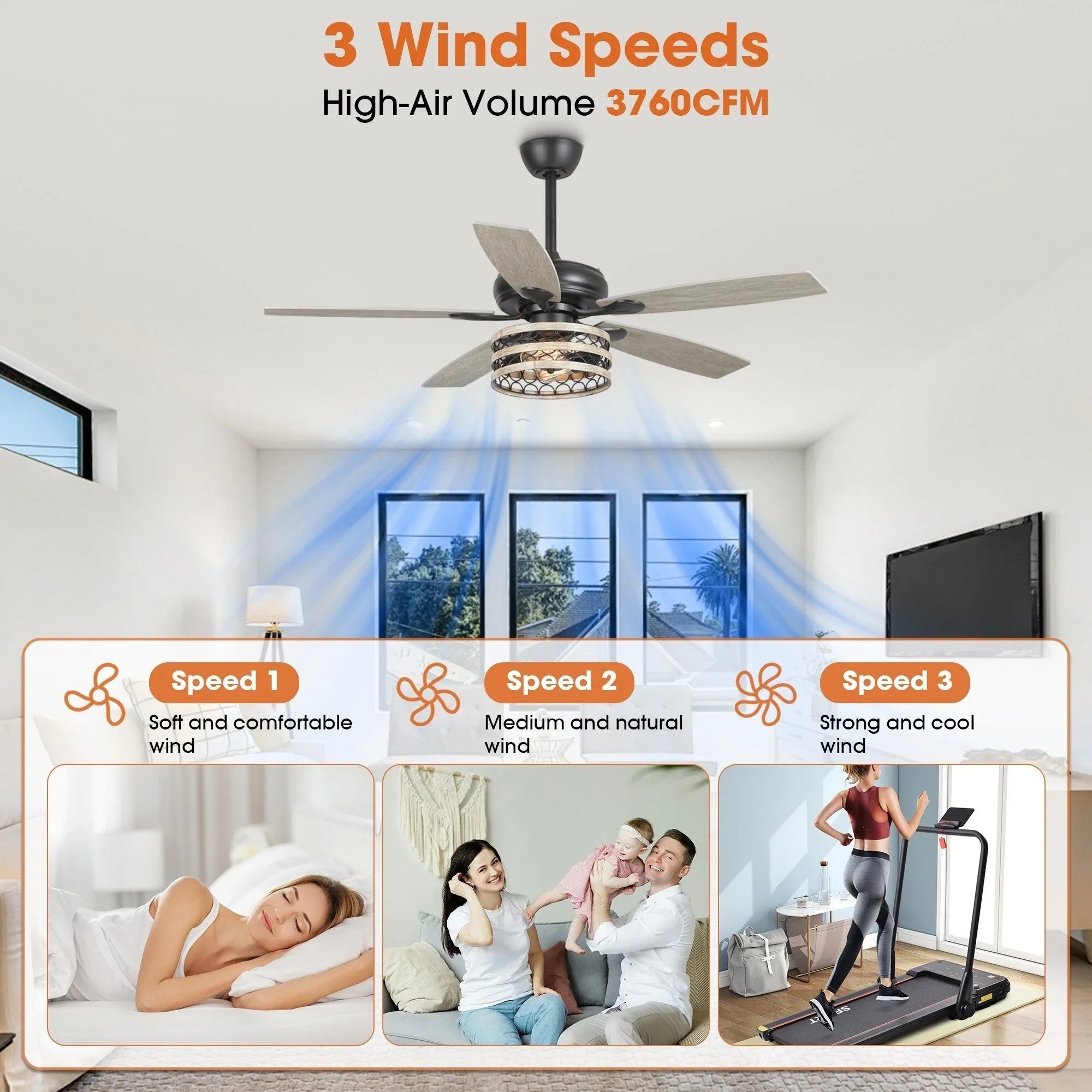 Ventilateur de plafond 52" Farmhouse Driftwood avec 5 pales, cage noire et télécommande