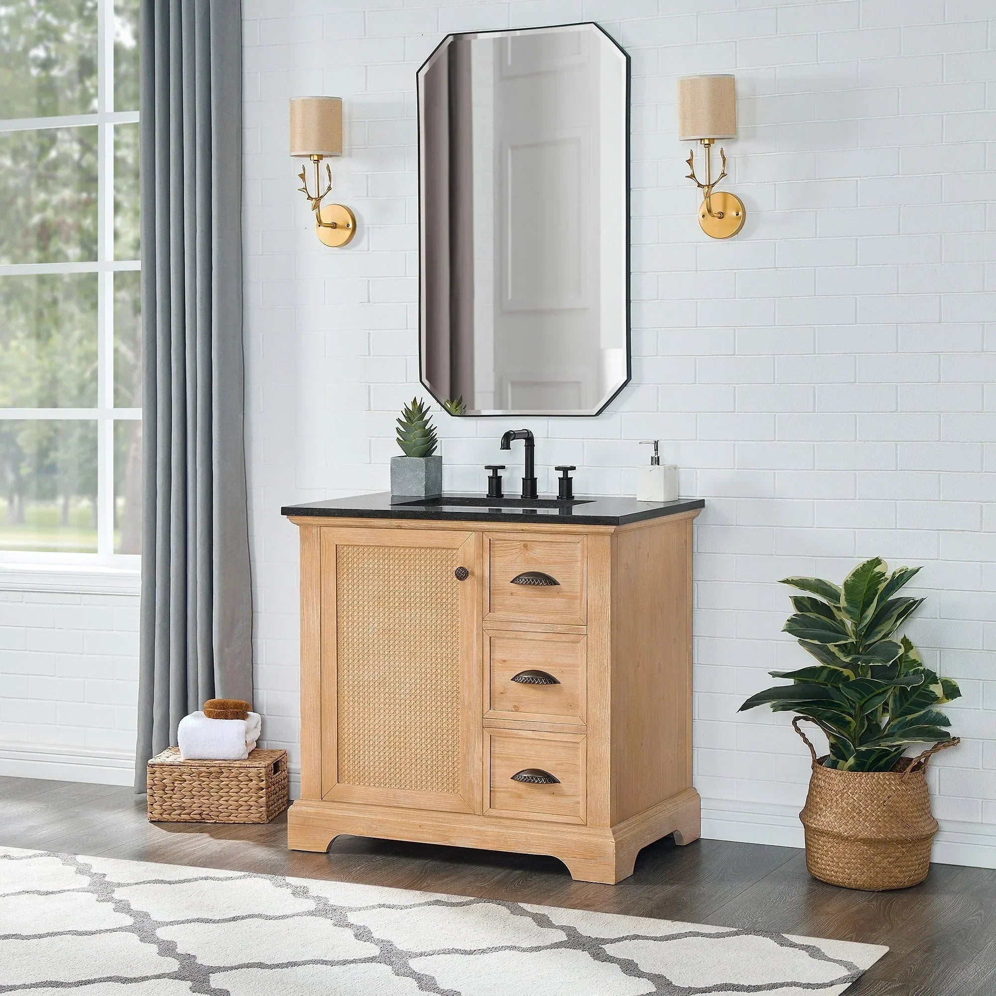 Meuble sous-vasque Hervas avec plateau en marbre naturel, sans miroir