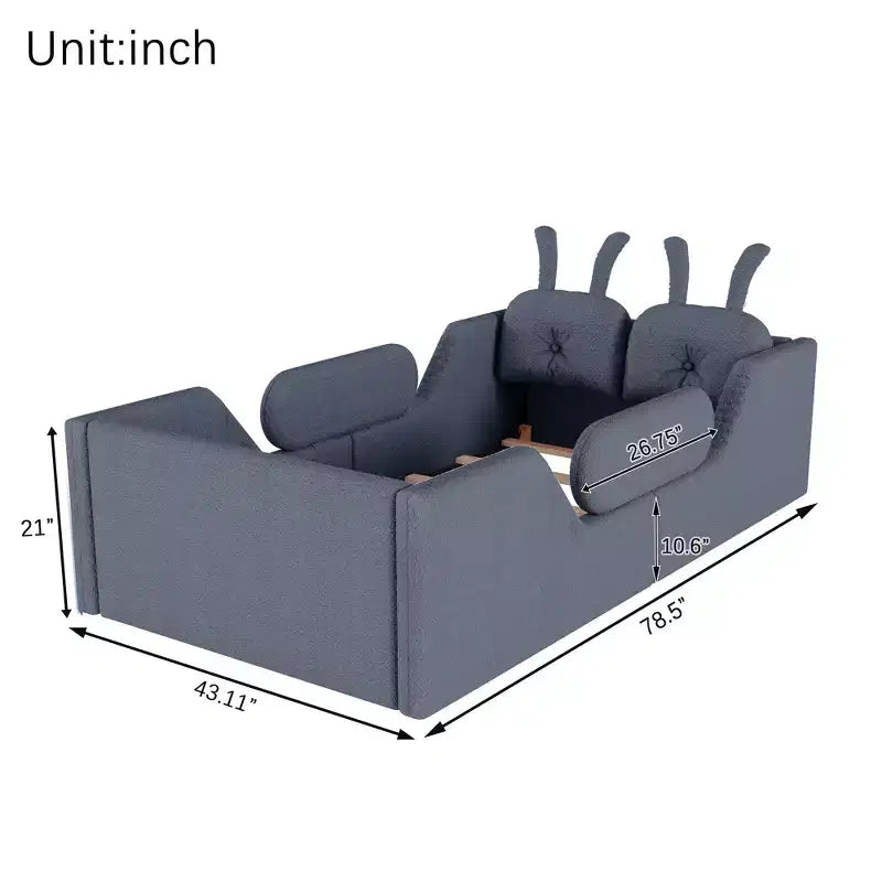 Lit plateforme double Whisen, cadre de lit rembourré pour enfants avec coussin lapin, barrières latérales amovibles