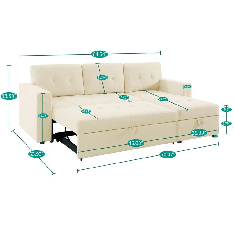 Canapé d'angle réversible convertible avec lit gigogne, méridienne de rangement et pieds durables