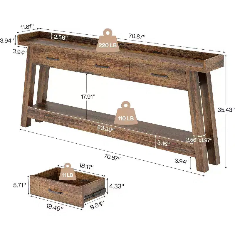 Table de canapé à 2 niveaux Lantine avec 3 tiroirs, console de 180 cm avec chicane surélevée et étagères de rangement pour salon, couloir, entrée