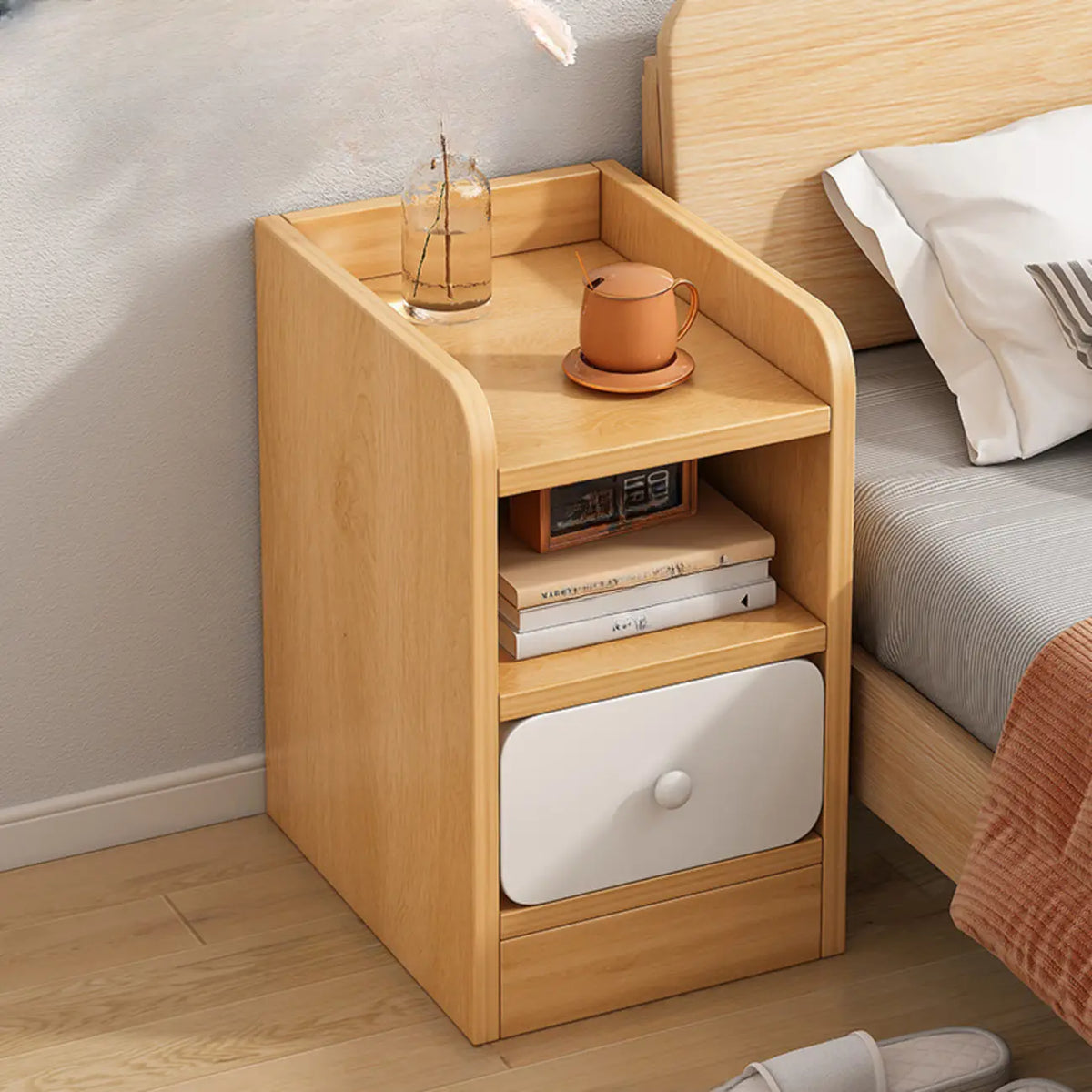 Table de chevet simple en bois naturel blanc à 2 tiroirs