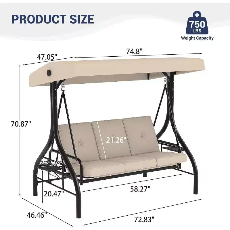 Balançoire de jardin convertible 2-en-1 à 3 places avec auvent réglable, lit de balançoire de patio avec support, coussins épais et porte-gobelets, pour jardin, cour ou porche