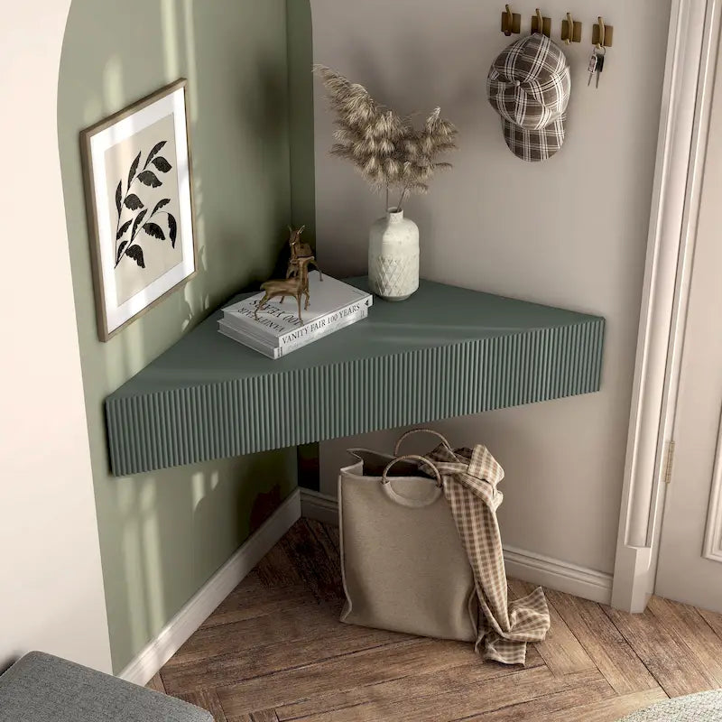 Meuble TV d'angle flottant de 119 cm, 3 étagères, style transitionnel, fixation murale gain de place