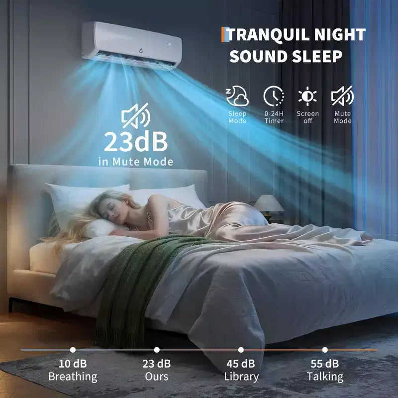 Climatiseur sans conduit bibloc ultra silencieux 42 dB | 12000 BTU 19 SEER avec pompe à chaleur | 3-en-1 : refroidissement, chauffage et déshumidification | Système de climatisation à onduleur 230 V blanc
