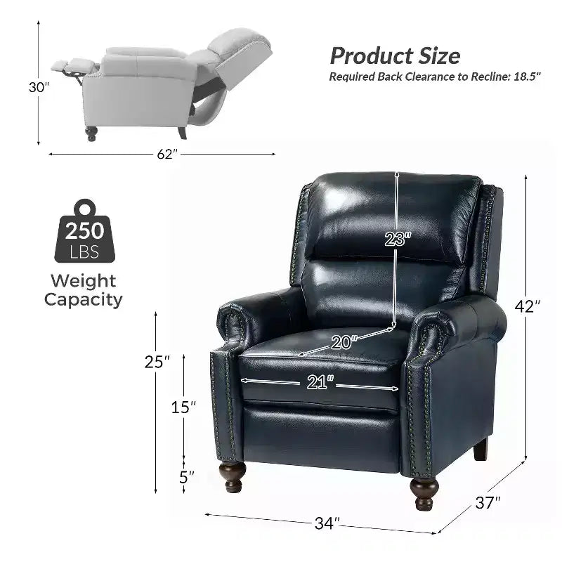 Ensemble de 2 fauteuils inclinables modernes en cuir véritable Elisabete avec garniture cloutée vintage pour salon et chambre à coucher | ART OF LIVING DESIGNS