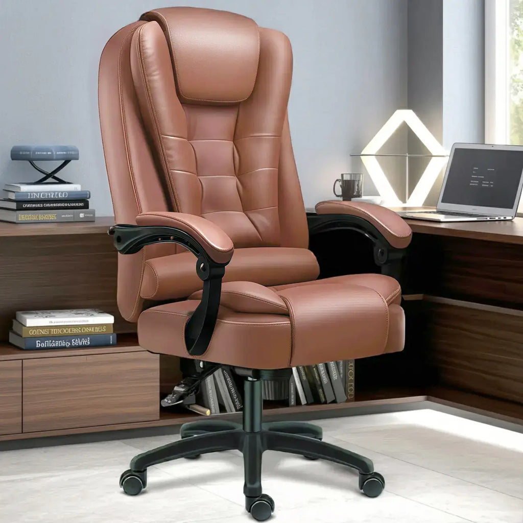 Chaise de bureau pivotante ergonomique en cuir noir avec repose-pieds