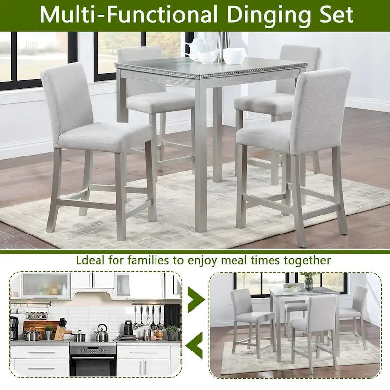 Ensemble de salle à manger moderne 5 pièces avec table carrée hauteur comptoir et 4 chaises rembourrées