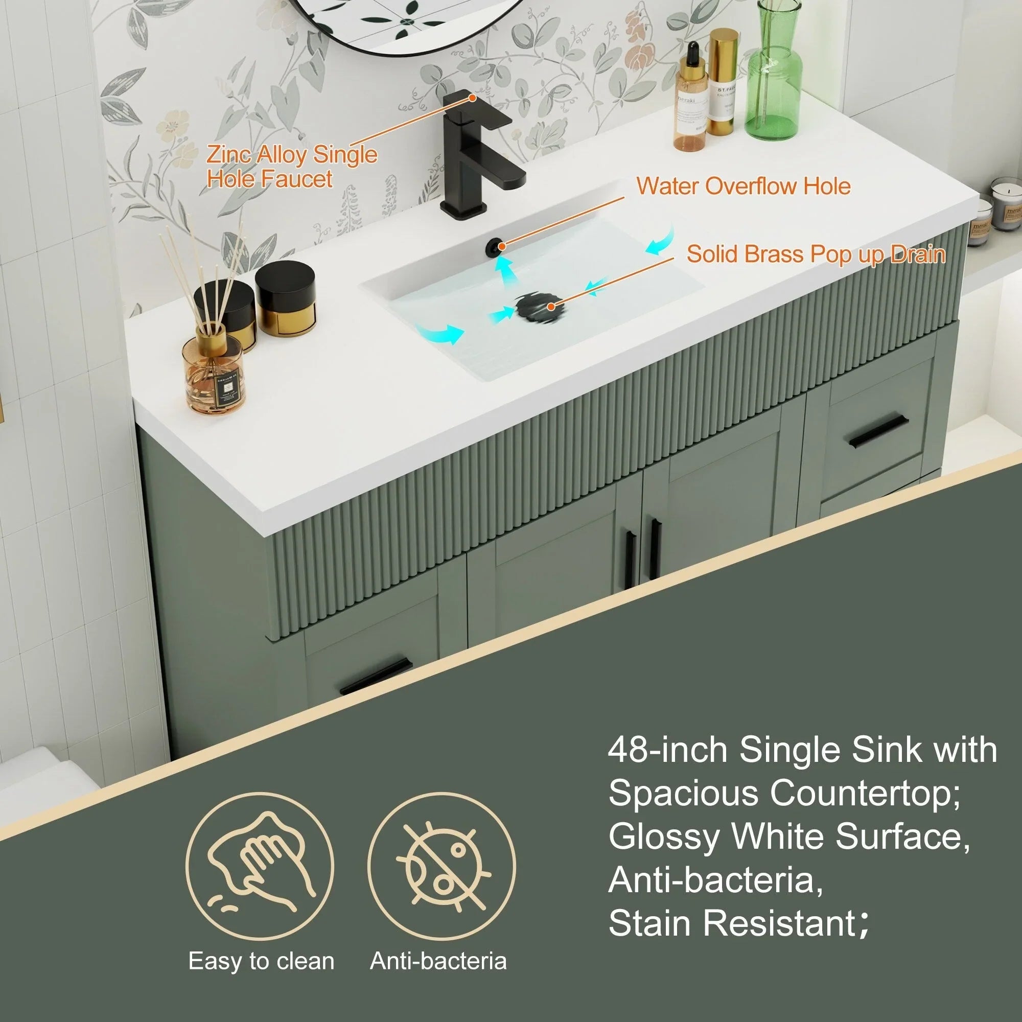 Meuble-lavabo de salle de bain Wavy Line 30/36/48 avec évier et robinet