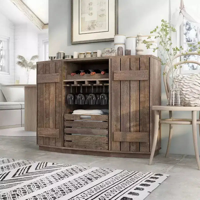 Plank-Style Dining Buffet with Wine Rack, Stemware Rack and Removable Crate - Reclaimed Oak, 47.2"W