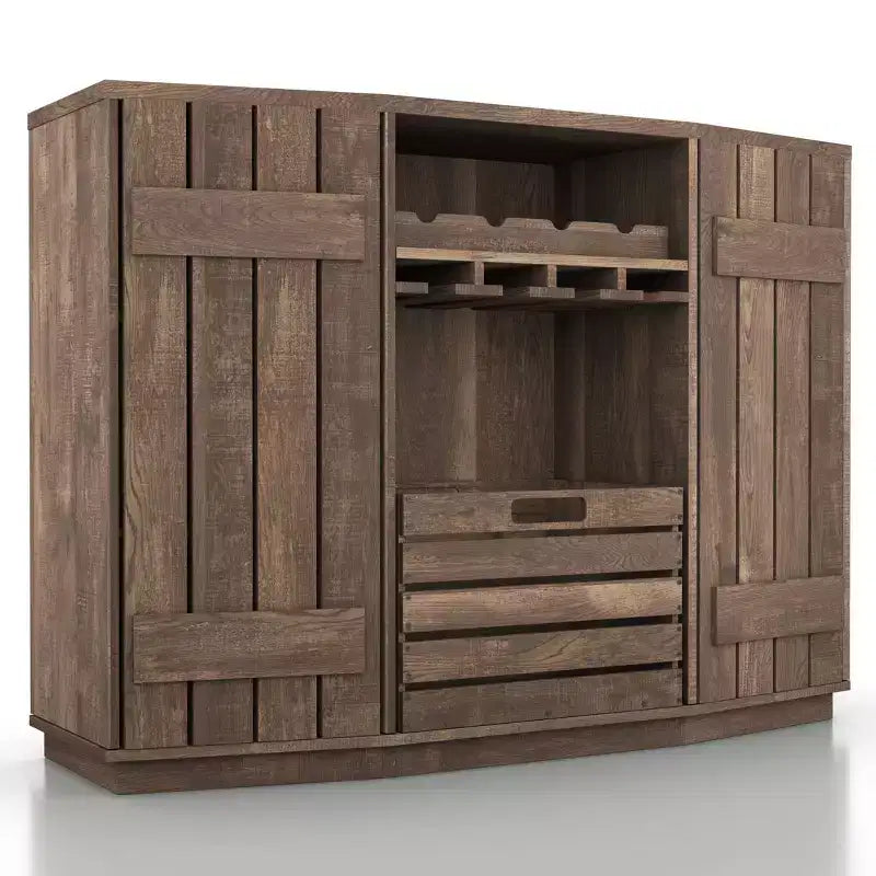 Plank-Style Dining Buffet with Wine Rack, Stemware Rack and Removable Crate - Reclaimed Oak, 47.2"W