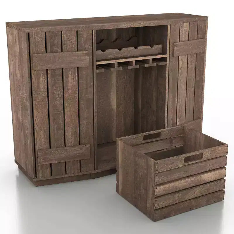 Plank-Style Dining Buffet with Wine Rack, Stemware Rack and Removable Crate - Reclaimed Oak, 47.2"W