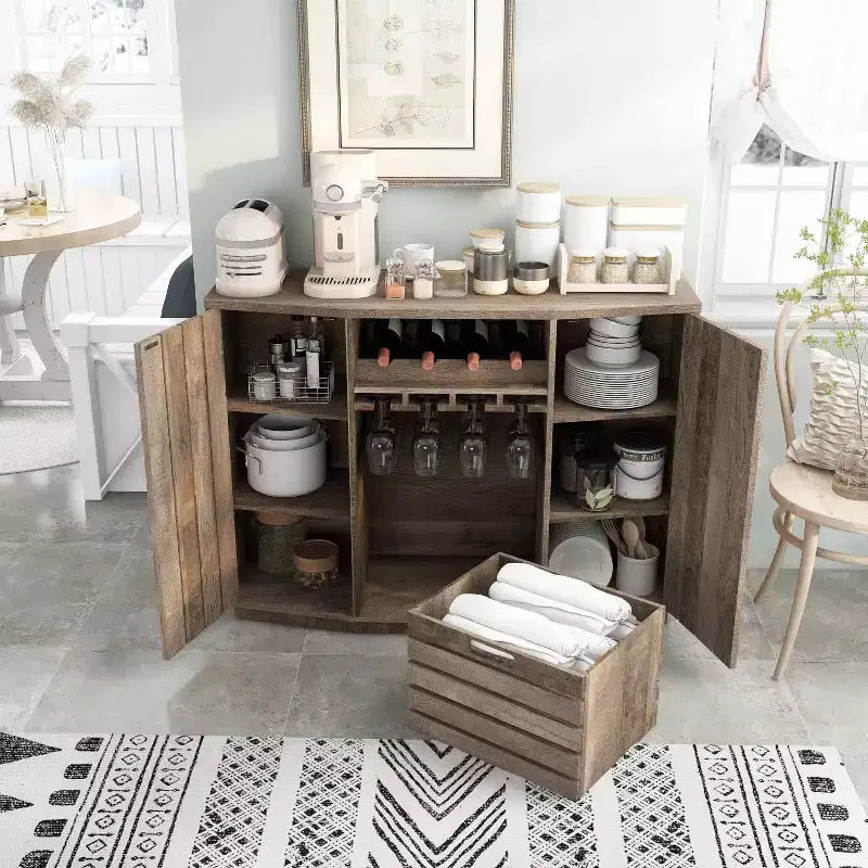 Plank-Style Dining Buffet with Wine Rack, Stemware Rack and Removable Crate - Reclaimed Oak, 47.2"W