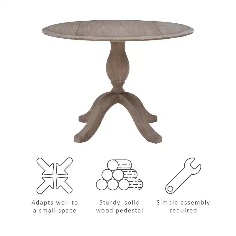 Torino Round Drop-Leaf Dining Table with Pedestal Base - Rustic Grey Wash, Seats 2–4
