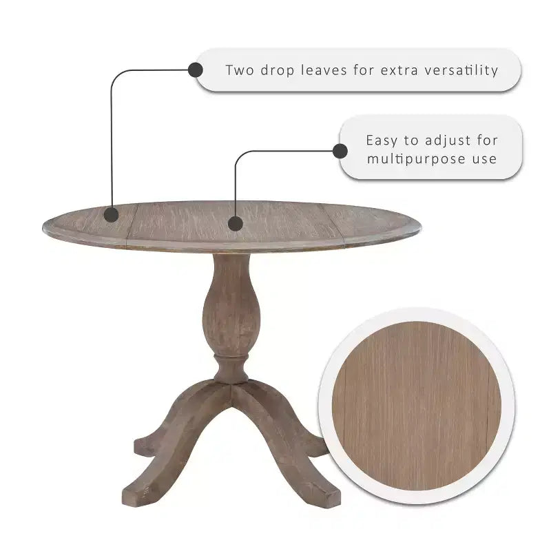 Torino Round Drop-Leaf Dining Table with Pedestal Base - Rustic Grey Wash, Seats 2–4